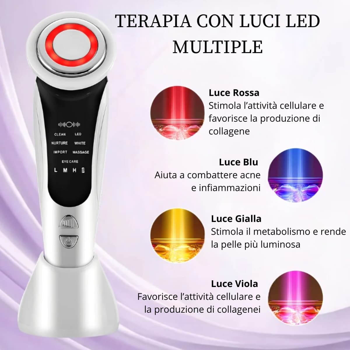 massaggiatore viso con terapia con luci led