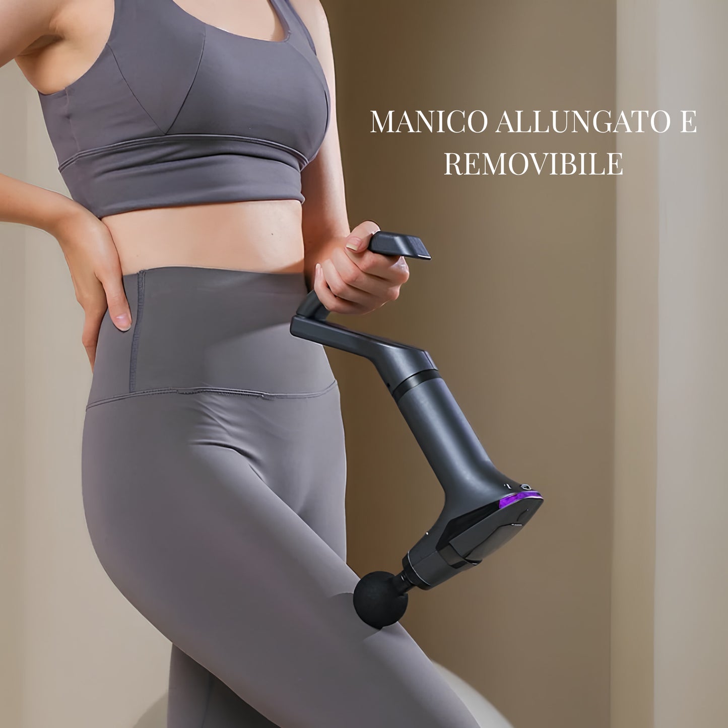 Pistola massaggiante con manico allungato e removibile per uso su tutto il corpo