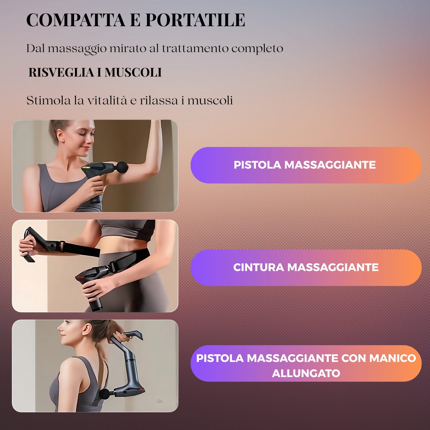 Pistola massaggiante compatta e portatile con modalità di utilizzo versatile