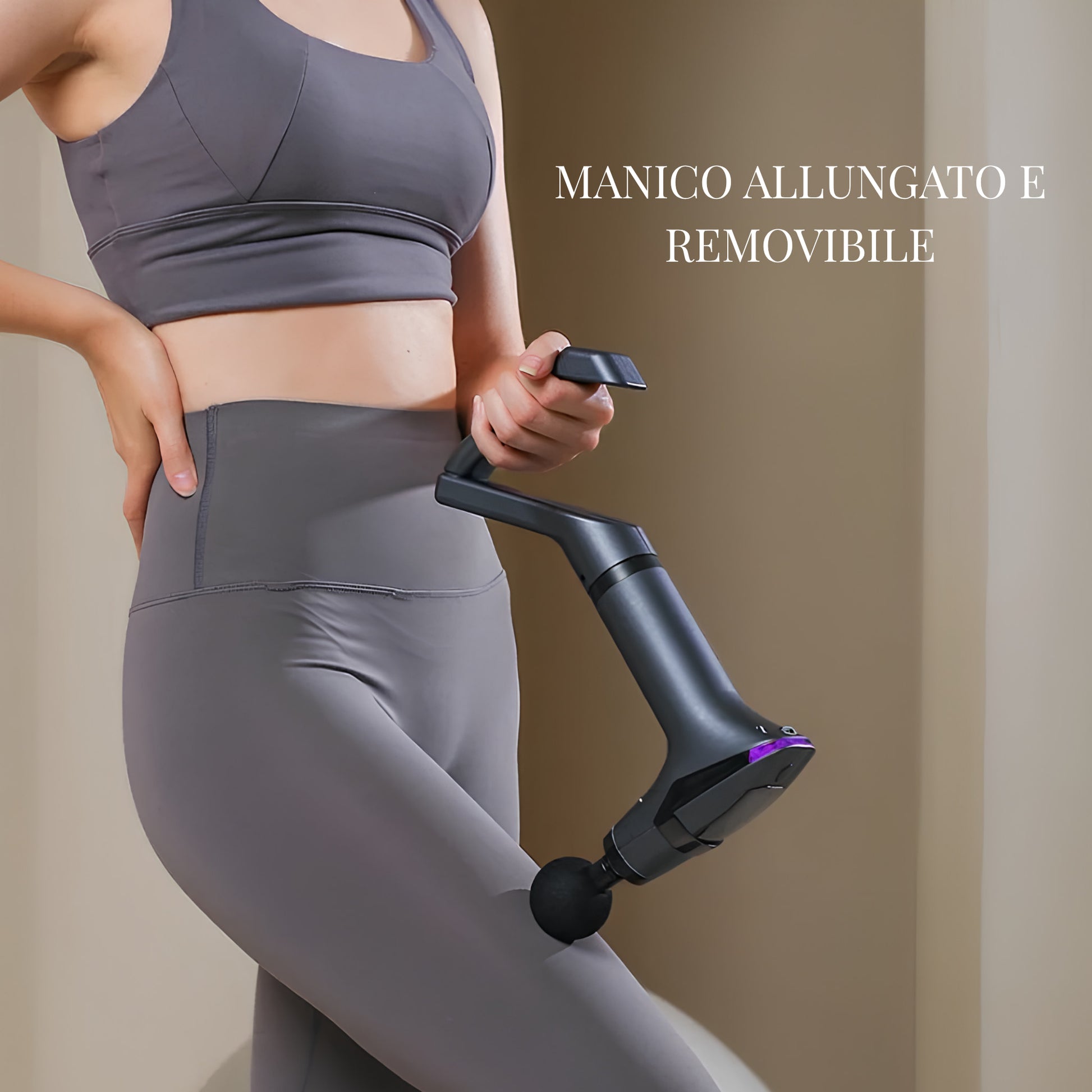 Pistola massaggiante con manico allungato e removibile per uso su tutto il corpo